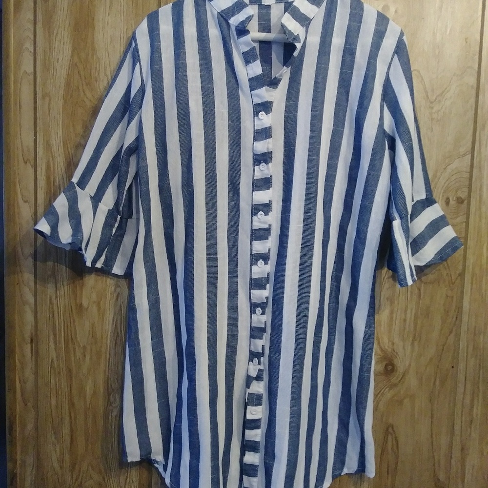 Blue White Stripe Ruffle 3/4 Sleeve Tunic Top M/L